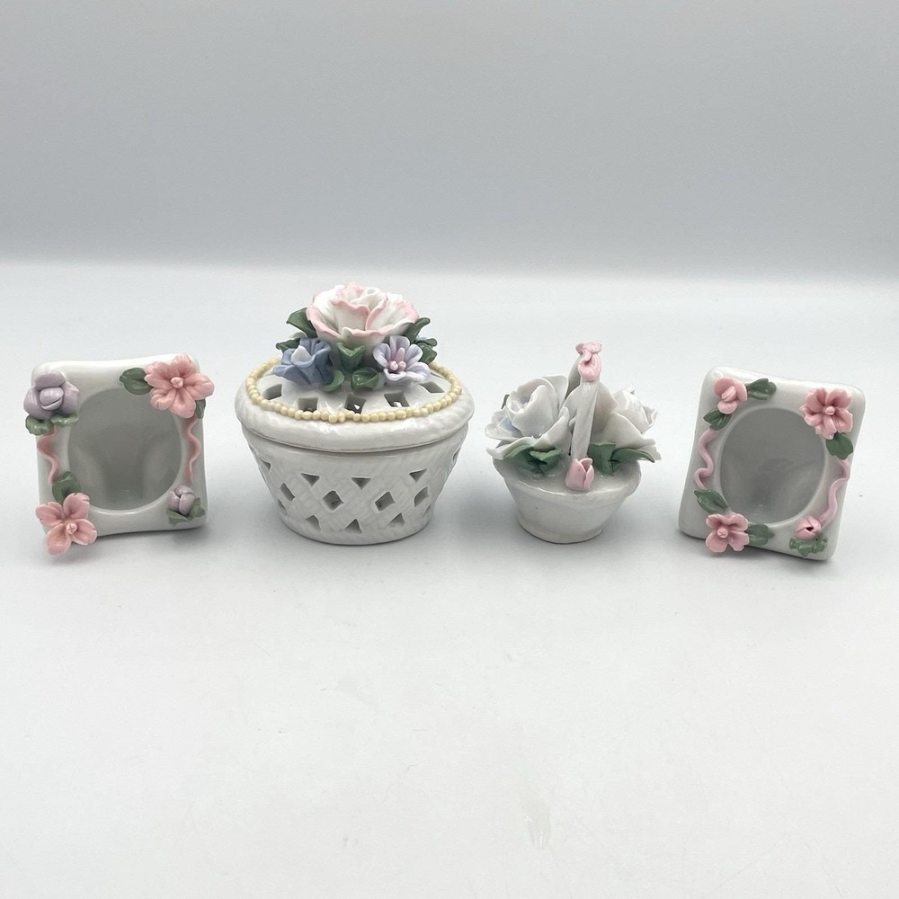 Vintage 4 Porcelain Floral‎ Decor Lot Picture Frames Trinket Box Basket Figurine
